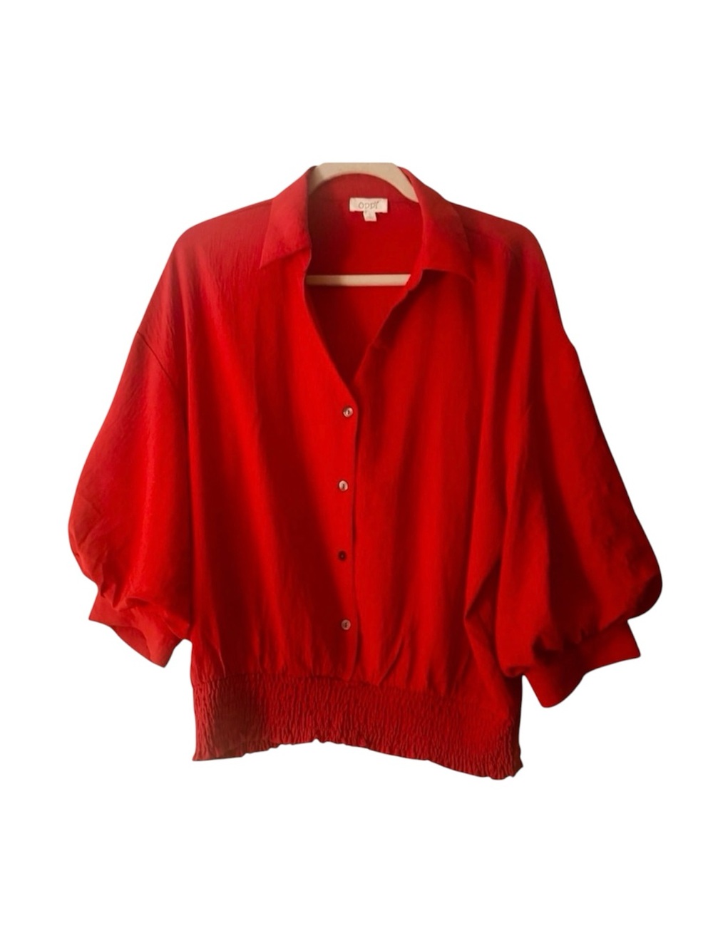 Oddi Vibrant Red Button-Front Blouse with Smocked Hem